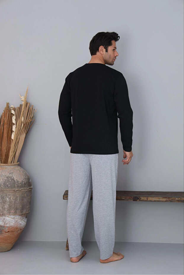 Erkek Bisiklet Yaka Milan Kumaş Siyah Pijama Takımı - 3