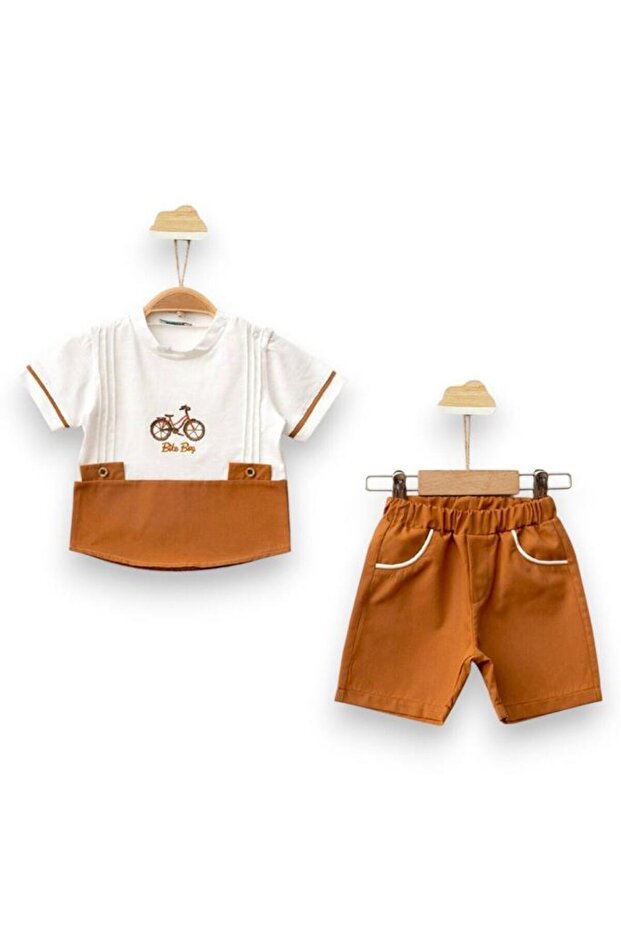 Cycling Embroidered White & Brown T-Shirt and Shorts 2-Piece Baby Boy Top - Bottom Set
