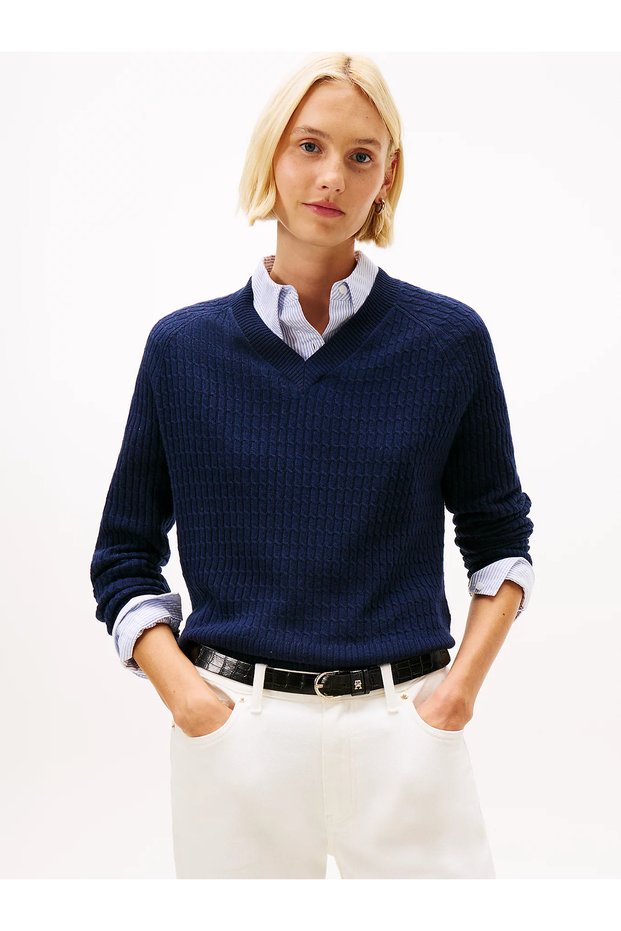 Wool Cashmere Blended Hair Braided V-Neck Long Sleeve Women's Navy Blue Sweater Ww0Ww464170Z0
