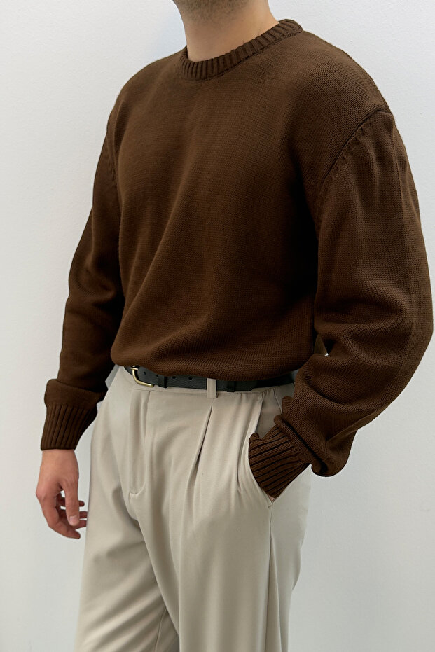 Sable Oversize Triko Uzun Kollu Kazak Kahve - 5