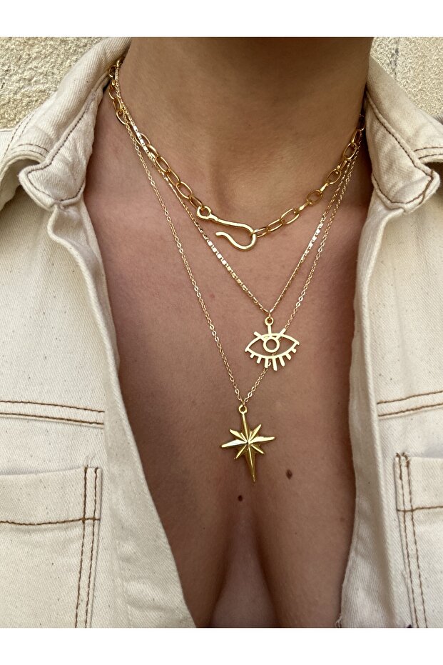 Göz ve Yıldız Detay Altın Renk Üçlü Kolye Set - 4