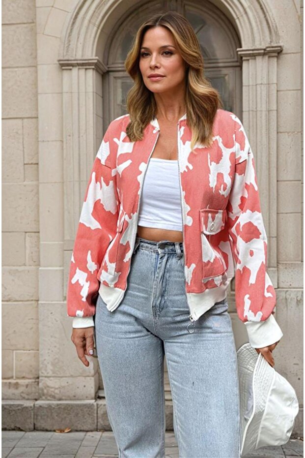 Women's Patterned Gabardine Fabric Bomber Jacket Coat, Pocketed ,Full Fit 700-3567253