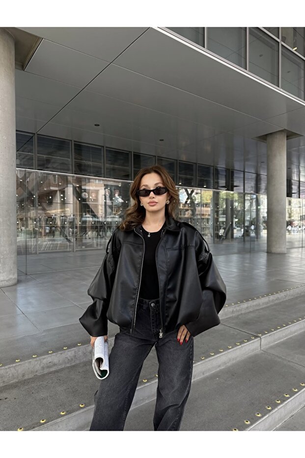 Oversize Bomber Deri Ceket - 3