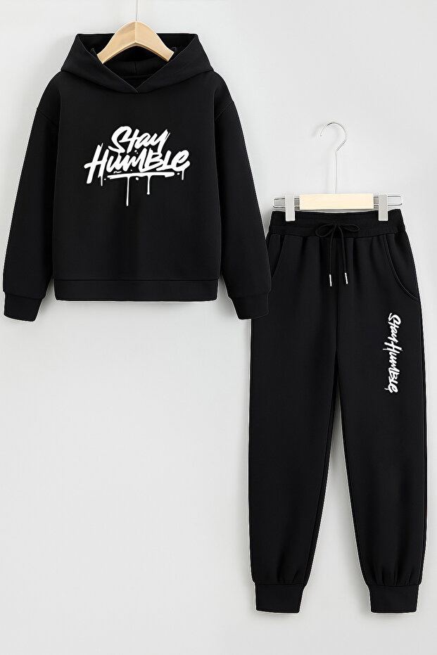 Stay Humble Printed Kids Hoodie with Pocket and Drawstring Premium Compact Sweatshirt Tracksuit Set