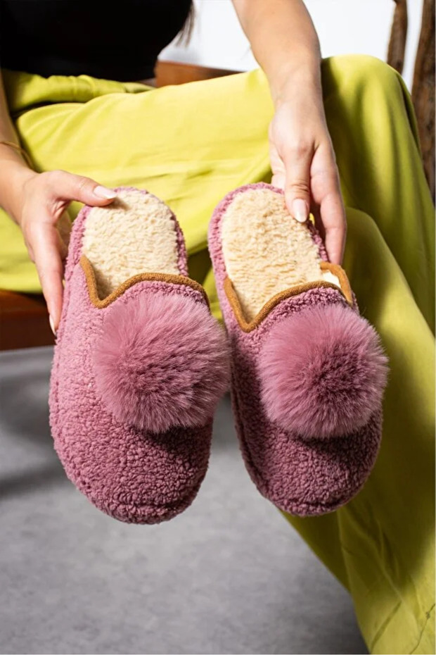 Women's Pompom Patterned Postpartum Non-Slip Lightweight Sole House Slippers Furry Slippers Dowry Bundle