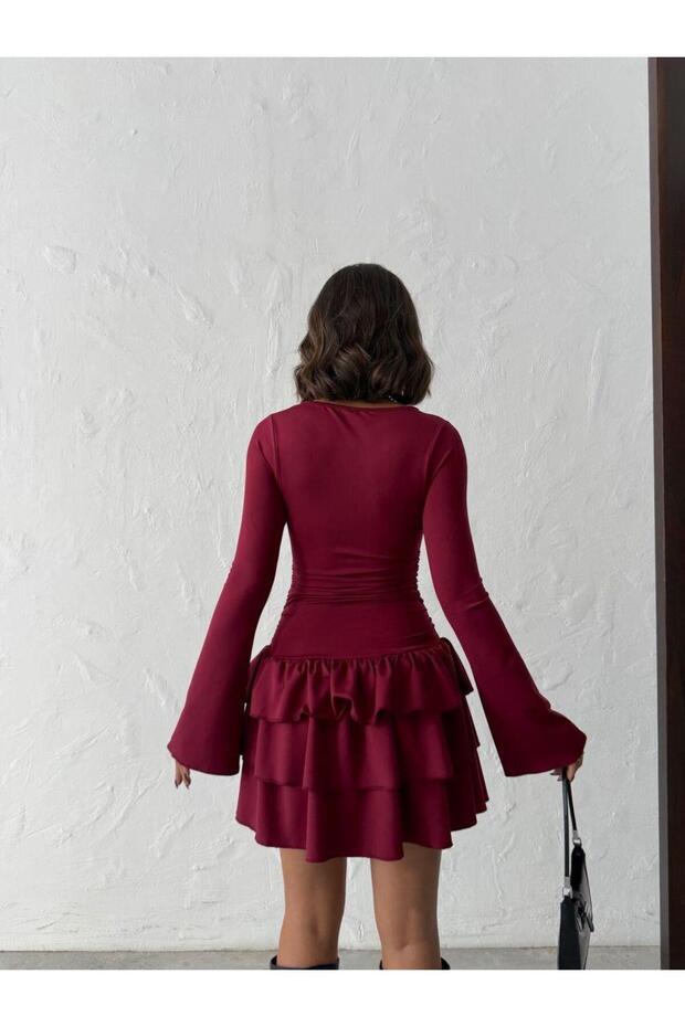 İspanyol Kol Volanlı Mini Elbise - 6