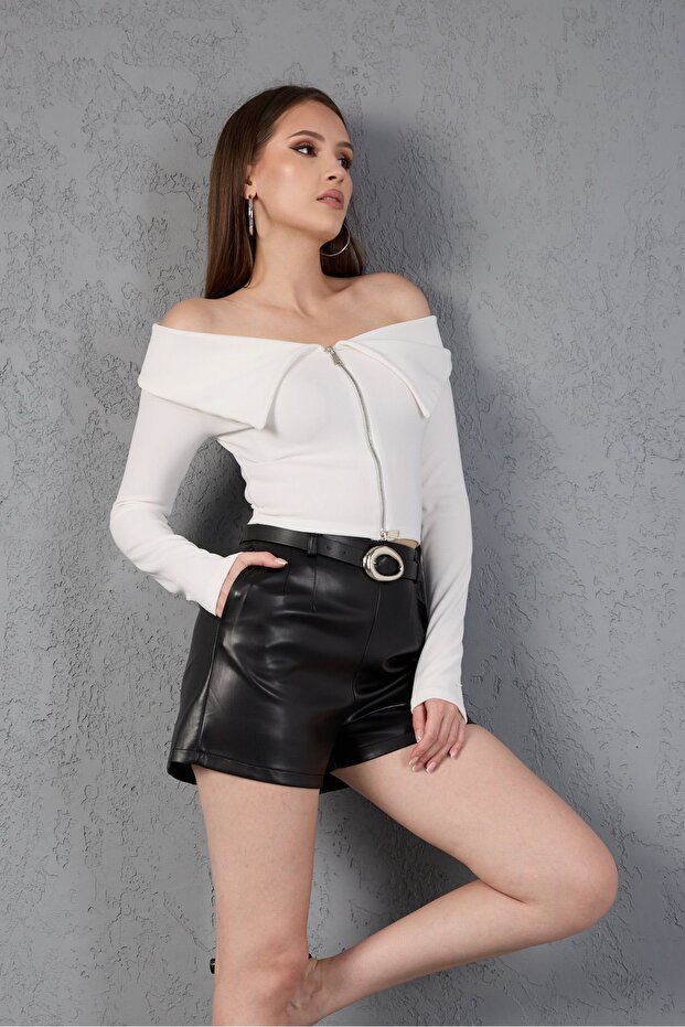 Kemerli Deri Siyah Şort - 2