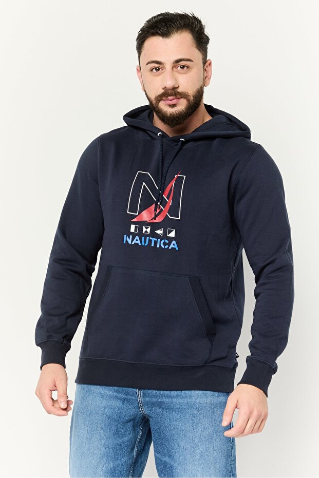 Men Hooded Long Sleeve Graphic Print Sweatshirt, Navy