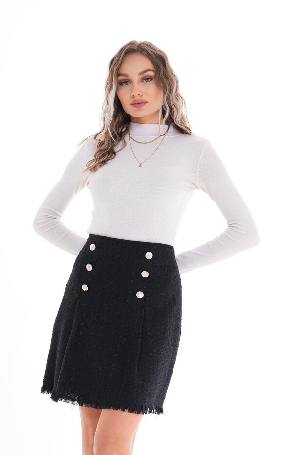Tassel Detailed Plaid Tweed Mini Skirt Solid Black