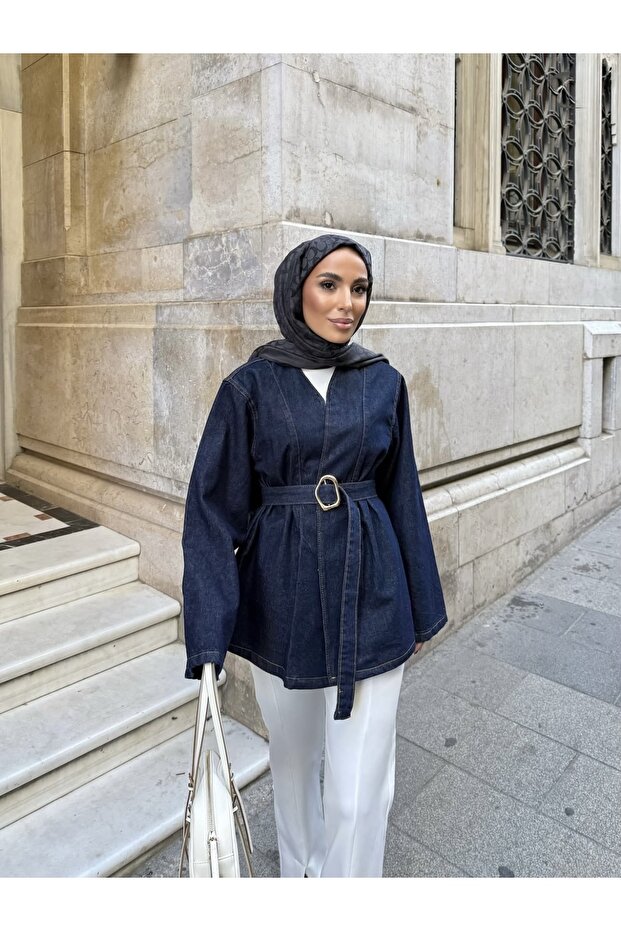 Kemerli Oversize Denim Ceket - 4
