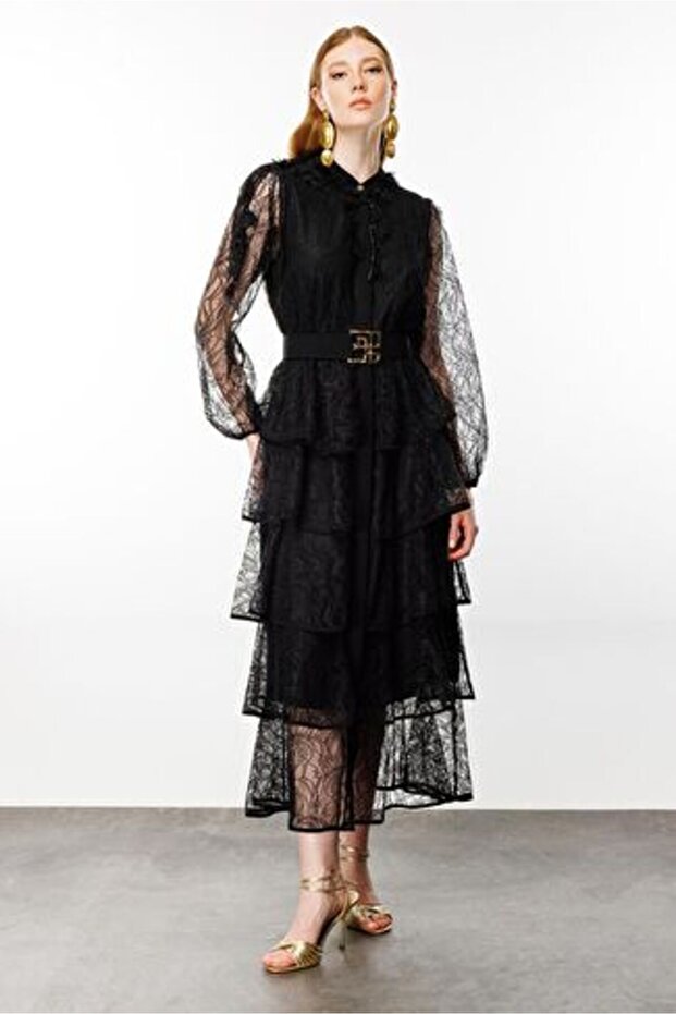 Kat Kat Volanlı Dantel Elbise SİYAH - 3