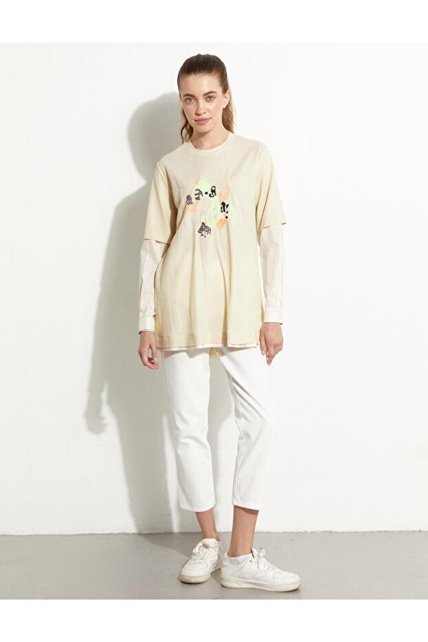 Baskılı Katmanlı Sweat-Krem - 1