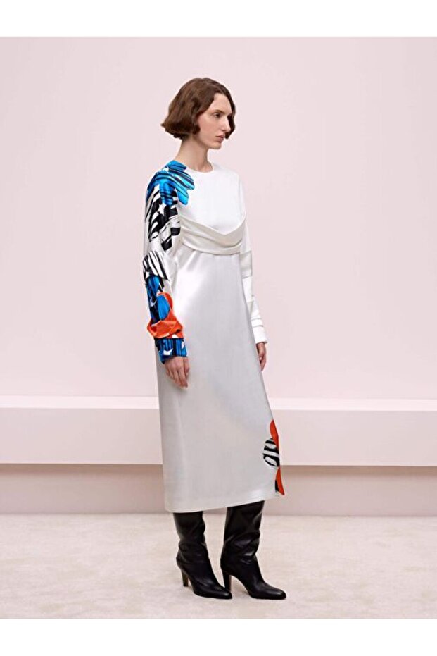 Desenli Ekru Elbise - 3