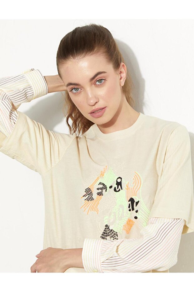 Baskılı Katmanlı Sweat-Krem - 6