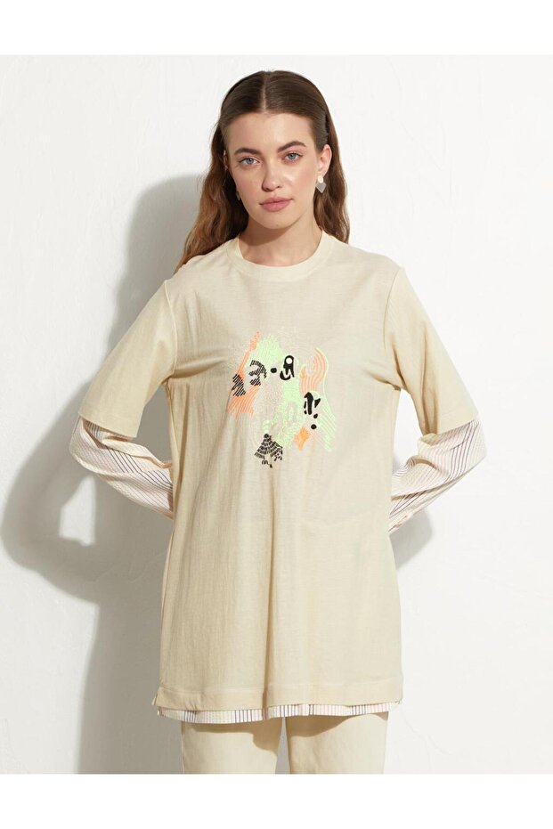 Baskılı Katmanlı Sweat-Krem - 2