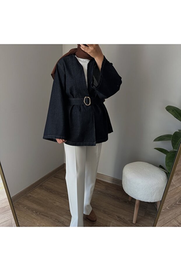 Kemerli Oversize Denim Ceket - 1