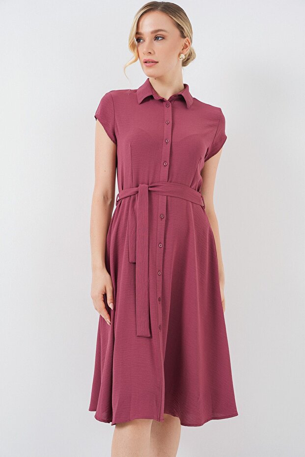 BDART Kemer Detaylı Düğmeli Gömlek Yaka A Form Midi Elbise - 1
