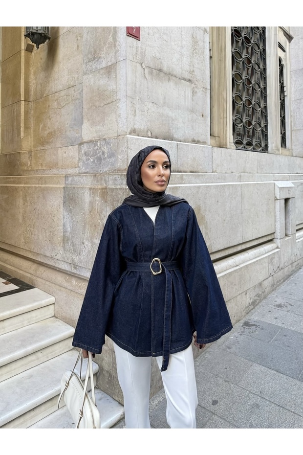 Kemerli Oversize Denim Ceket - 3