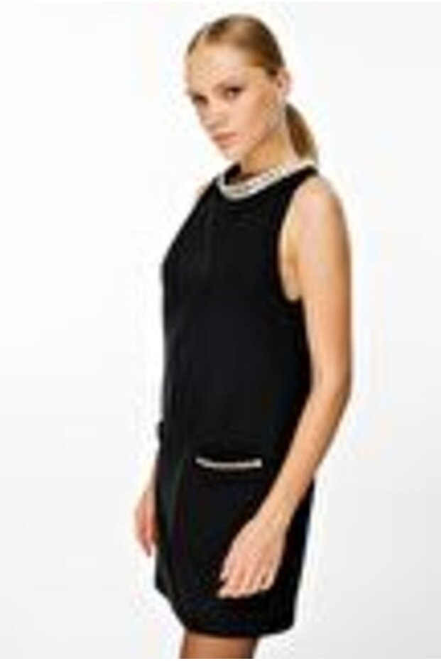 Yakası Taş İşlemeli Mini Elbise SİYAH - 6