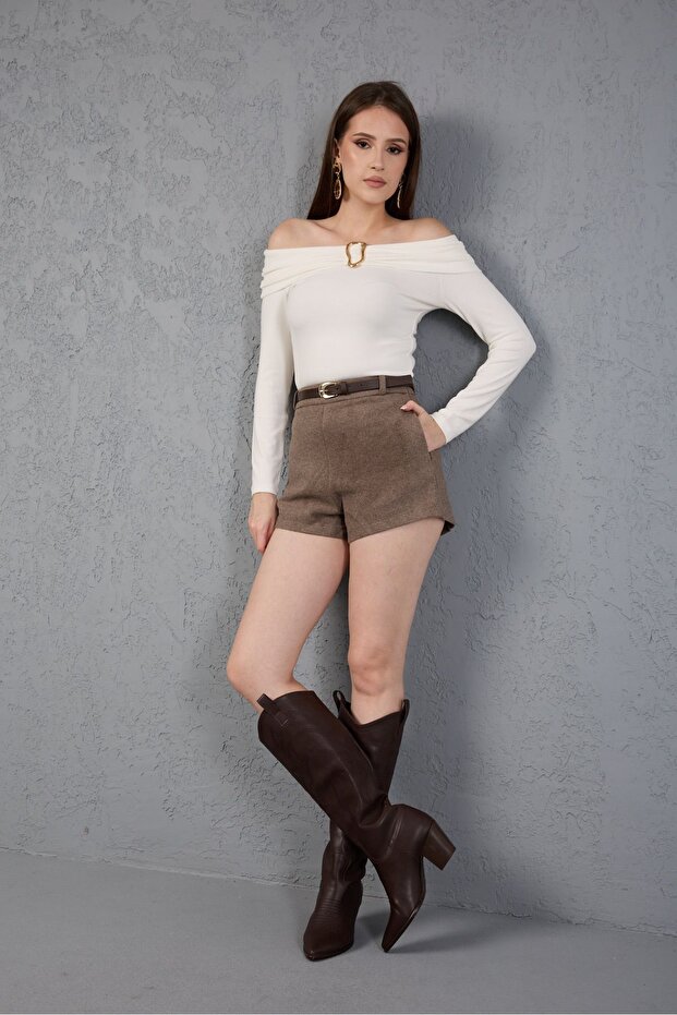 Kemerli Kaşe Mini Şort - 8