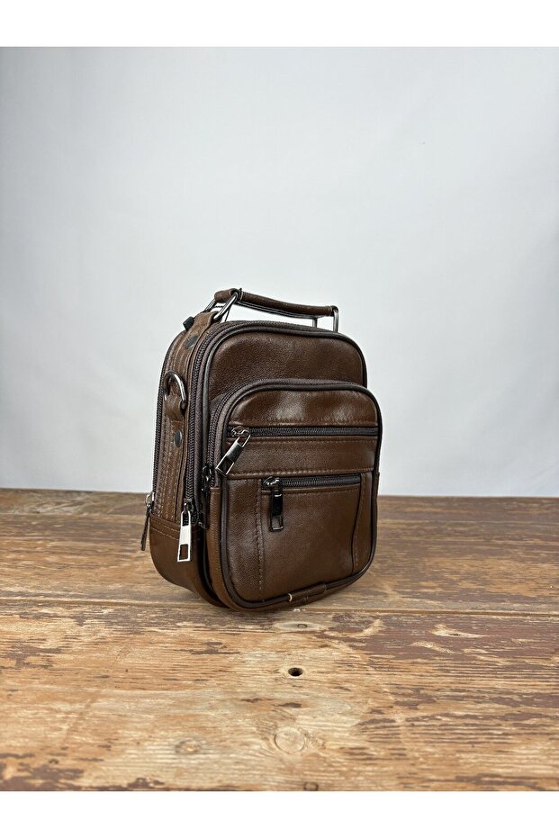 Brown Leather Vertical Small Size Steel Case Bag Handbag Genuine Leather Bag Unisex