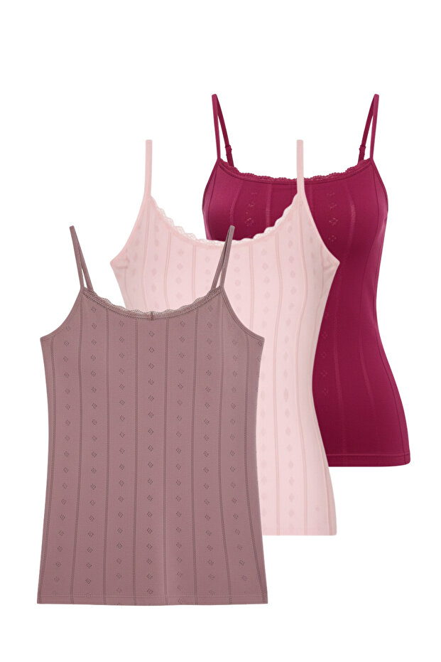 Women's 3-Piece Thin Strap Heart Jacquard Pattern Colorful Tank Top Vr.L20.23I.123İ.Y02