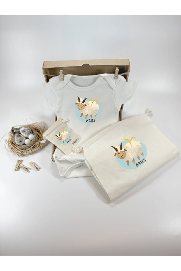 Aries Zodiac Sign Designed 100% Cotton Short Sleeve Baby Bodysuit and Raw Pouch Gift Set