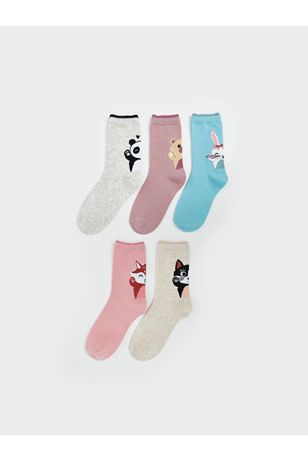 Lcw Kids Gray Patterned Girl's Socks 5-Piece