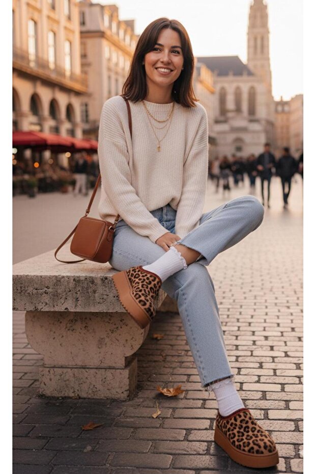 BURE -302 LEOPAR DESENLİ PELUŞ ASTARLI ETNİK BİYE DETAYLI KALIN TABAN AYAKKABI - 2