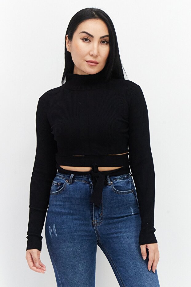 Women High Neck Rib Sweater, Black