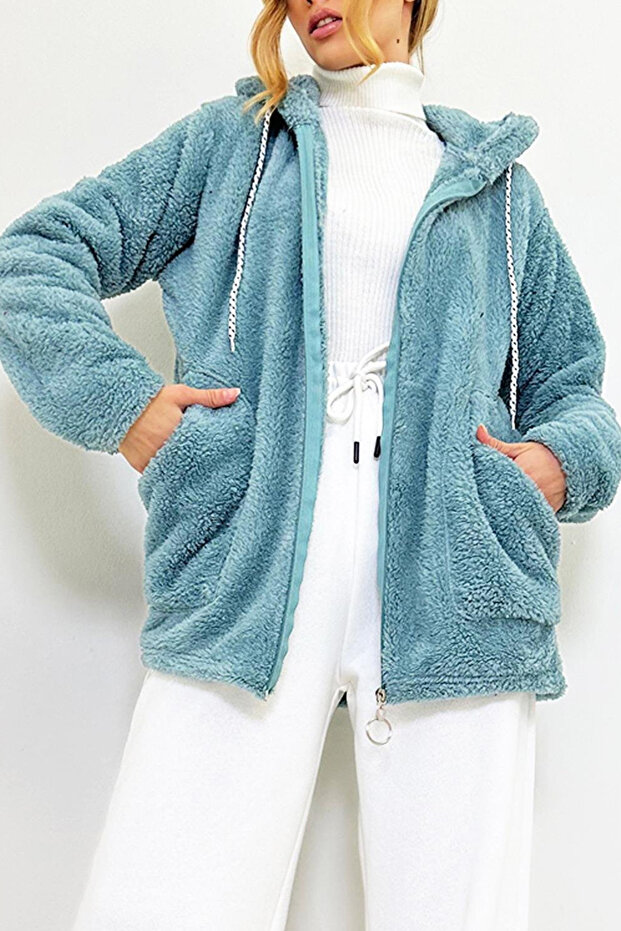Women's Hooded Zippered Double Pocket Oversize Mint Plush Sweatshirt