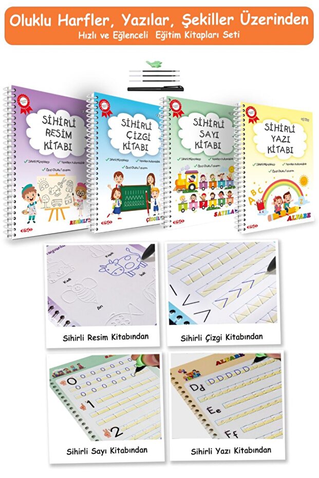ESOKAL Eso Yazmayı Çizmeyi Sevdiren 4'lü Sihirli Alıştırma Kitabı - Oluklu(kabartmalı) Sihirli Uçan Kalemli