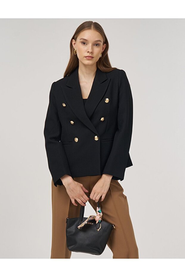 سترة بليزر بأزرار ذهبية باللون الأسود - 1