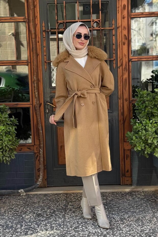 Premium Yün Kürklü Kruvaze Düğmeli Kaban KA-A23-17024 Camel - 1