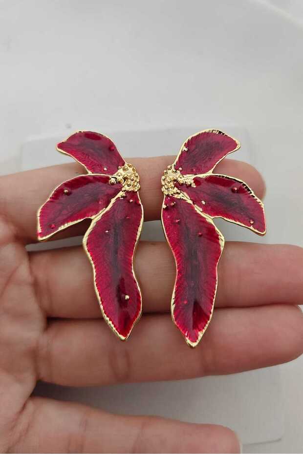 Burgundy Pearlescent Palm Gold Women's Earrings (5.2cm)