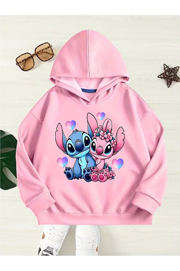 Cute Stitch and Angel Hooded Sweatshirt with Heart