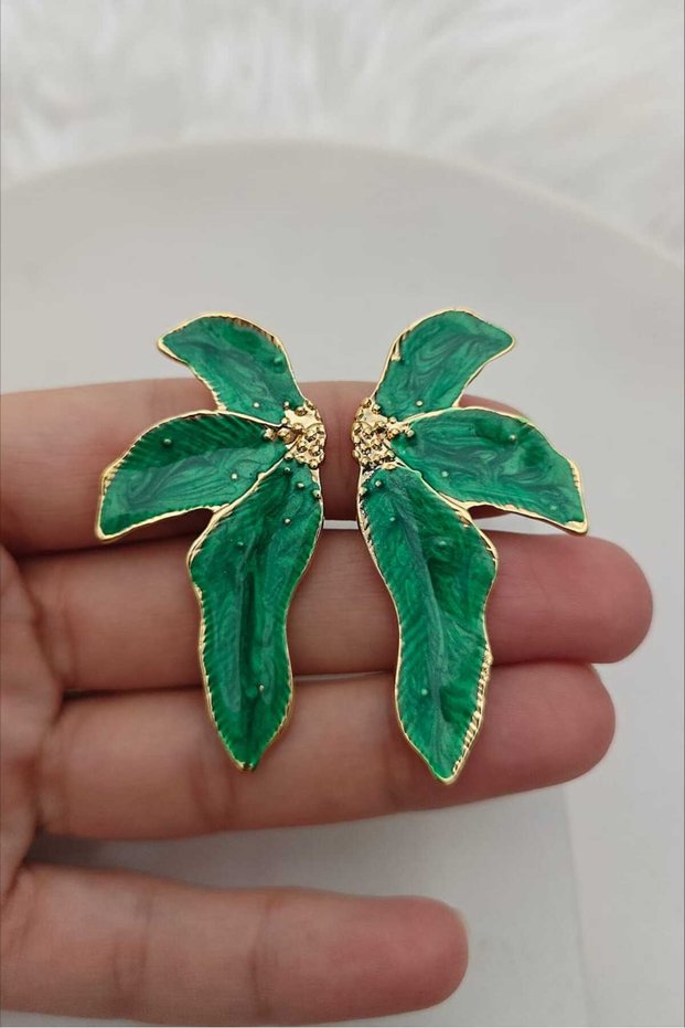 Green Mother of Pearl Palm Gold Women's Earrings (5.2cm)