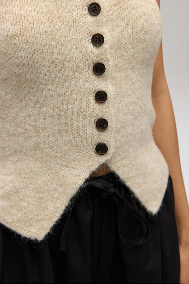 Elvar Tek Omuz Bej Triko Crop - 8