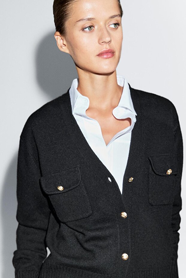 Dore düğmeli V yaka triko hırka - 3