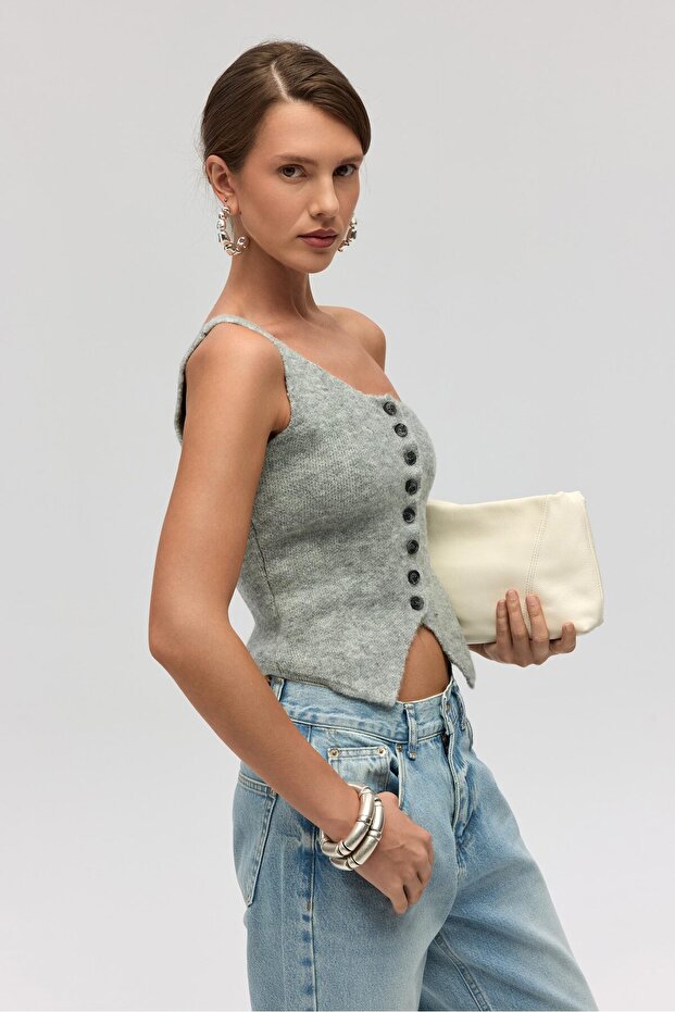 Elvar Tek Omuz Gri Triko Crop - 3