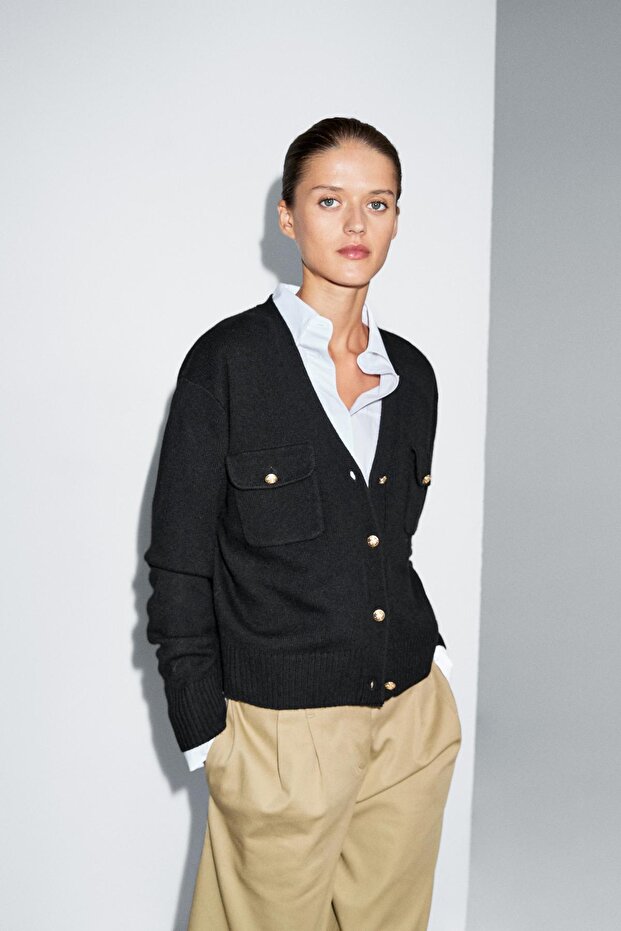 Dore düğmeli V yaka triko hırka - 2