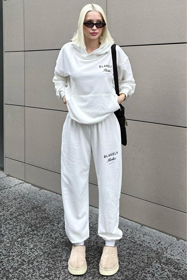 White Hooded Back Printed Women's Tracksuit Set Mg2187
