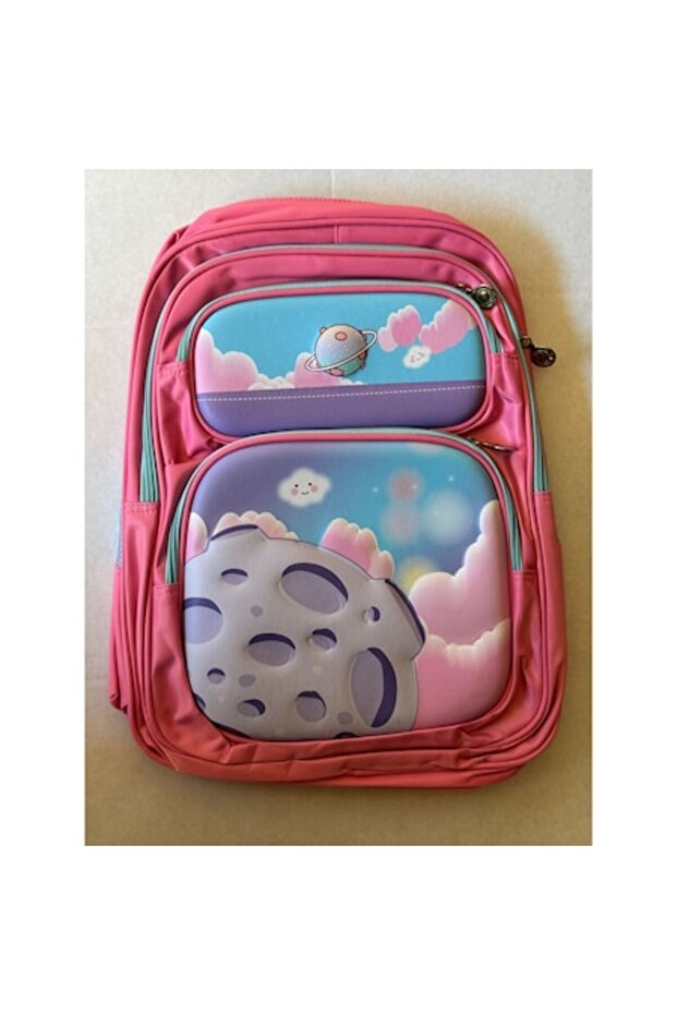 School backpack with Printed on the front – 40x30x16 cm, multiple compartments, Pink with Planet and clouds - 1