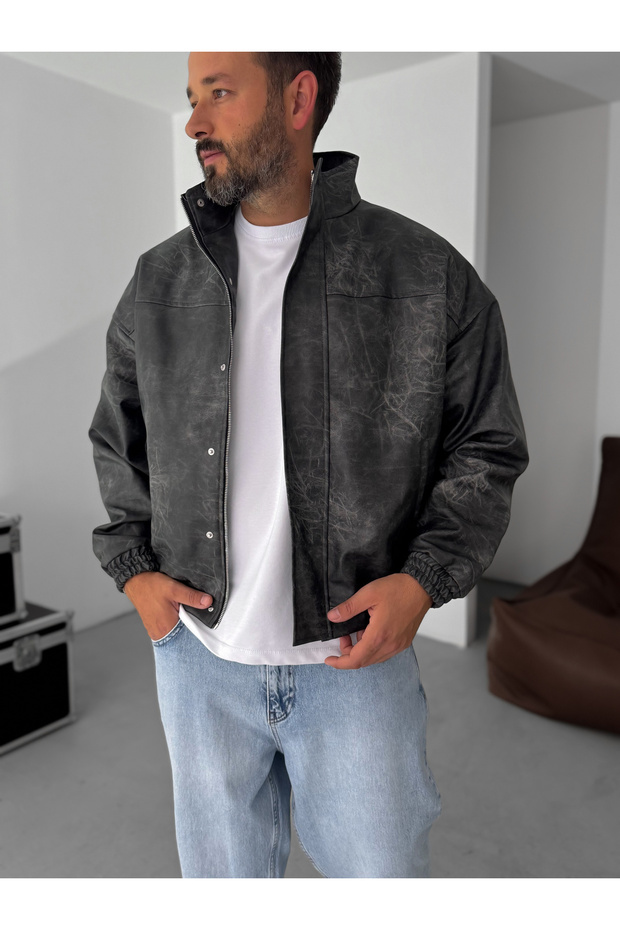 معطف جلد بومبر أسود اللون EP-7321 - 2