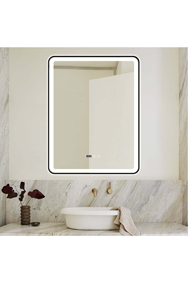 LED Mirror with Touch, 70 X 90 Cm, with Defog Function and Clock, Matte Black Frame, J39, - 1