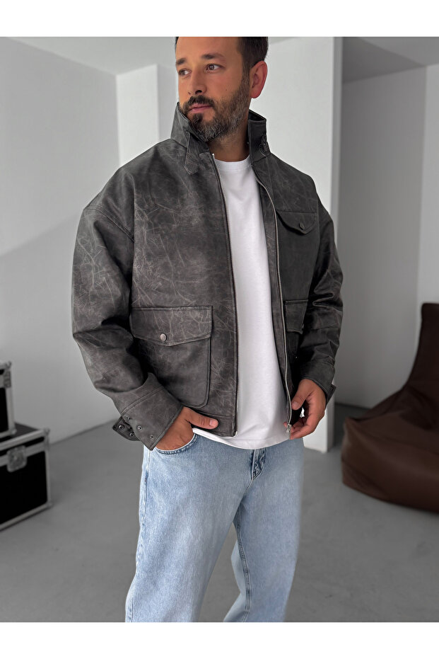 Siyah Çift Cepli Efektli Bomber Deri Mont EP-7301 - 2