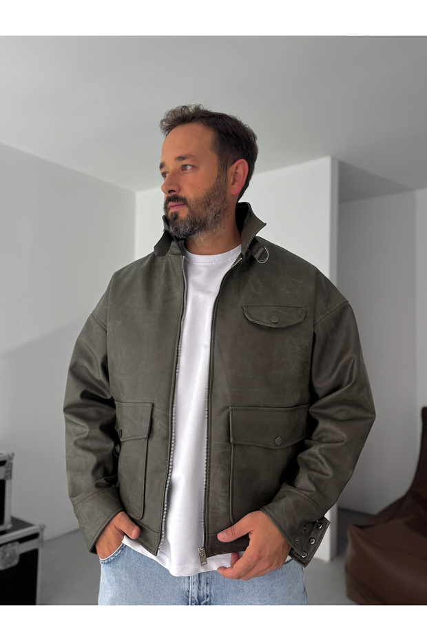 Haki Çift Cepli Efektli Bomber Deri Mont EP-7301 - 1