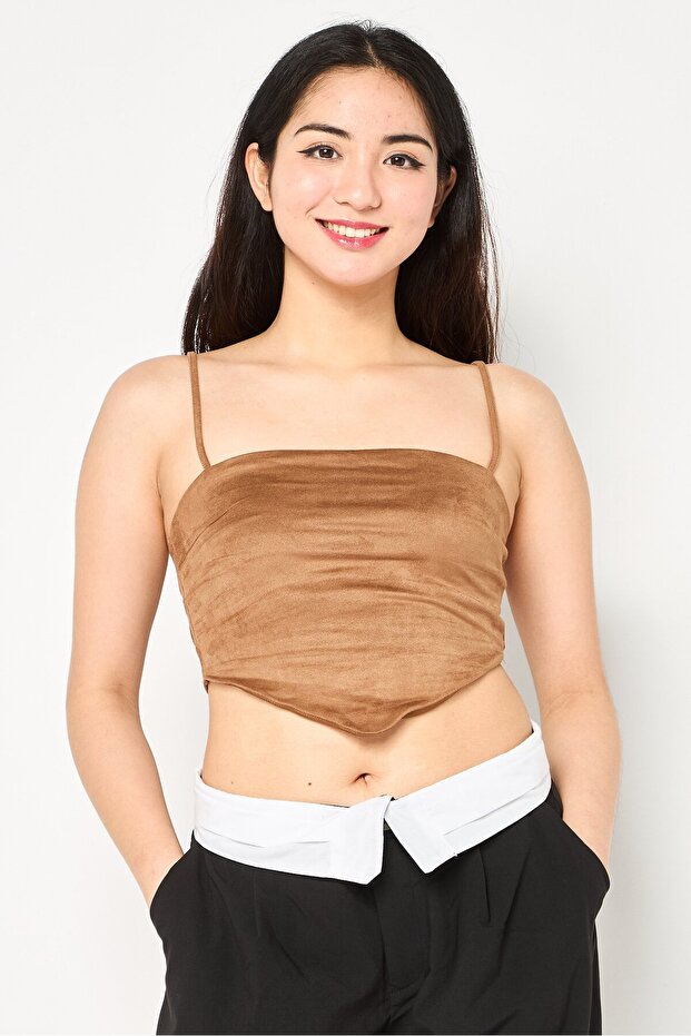 Women Square Neck Shirred Pointed Hem Tank Top, Brown