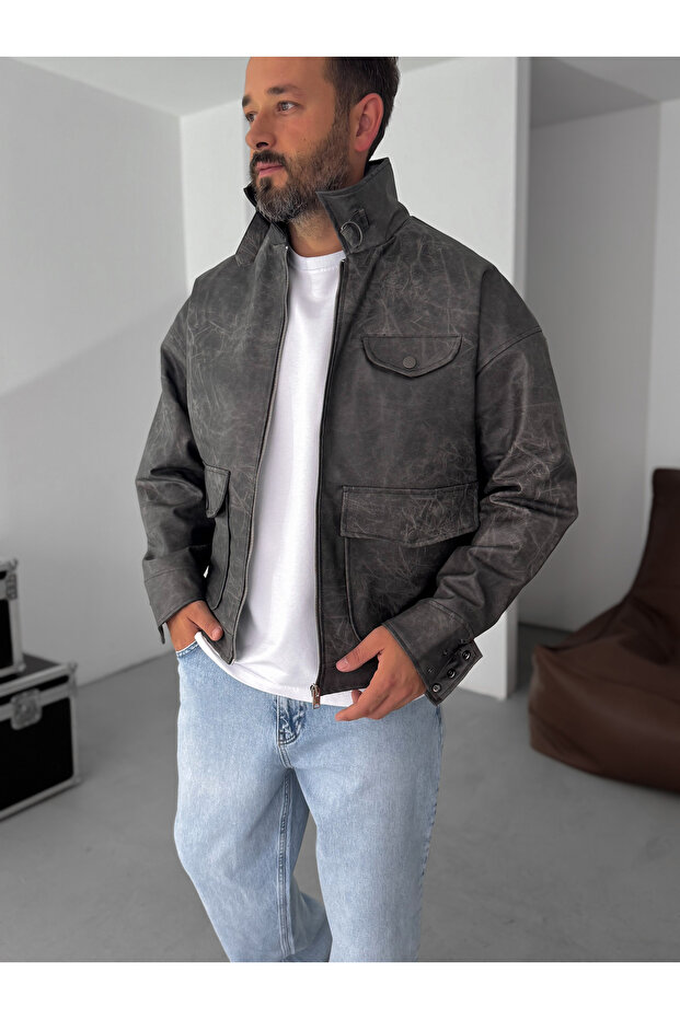 Siyah Çift Cepli Efektli Bomber Deri Mont EP-7301 - 1