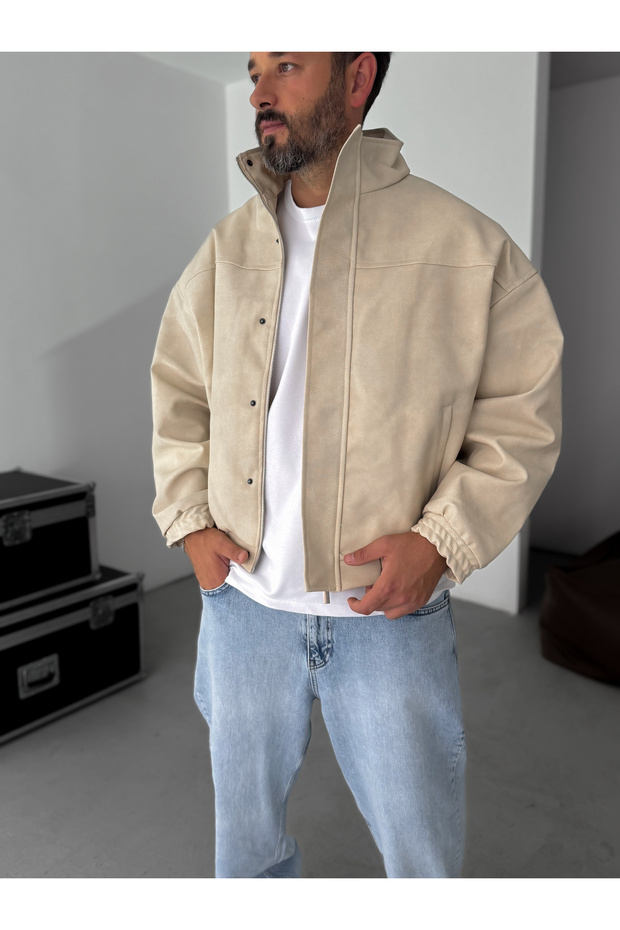 Beige Bomber Leather Jacket Ep-7321 - 6
